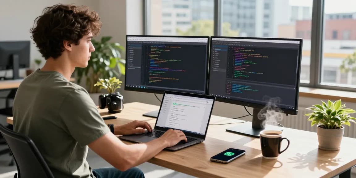 Developer coding WhatsApp下載 in a modern tech workspace with dual monitors and coffee.