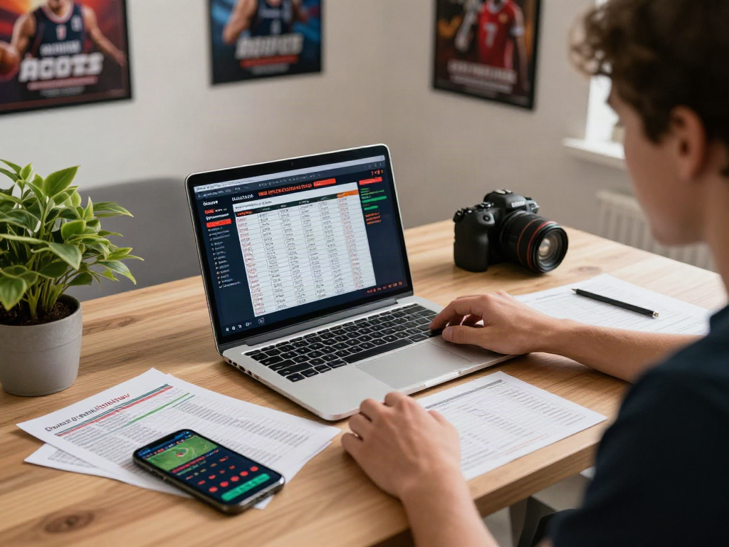 Focused individual analyzing 토토사이트 검증 먹튀스팟 options on a laptop in a modern home office.