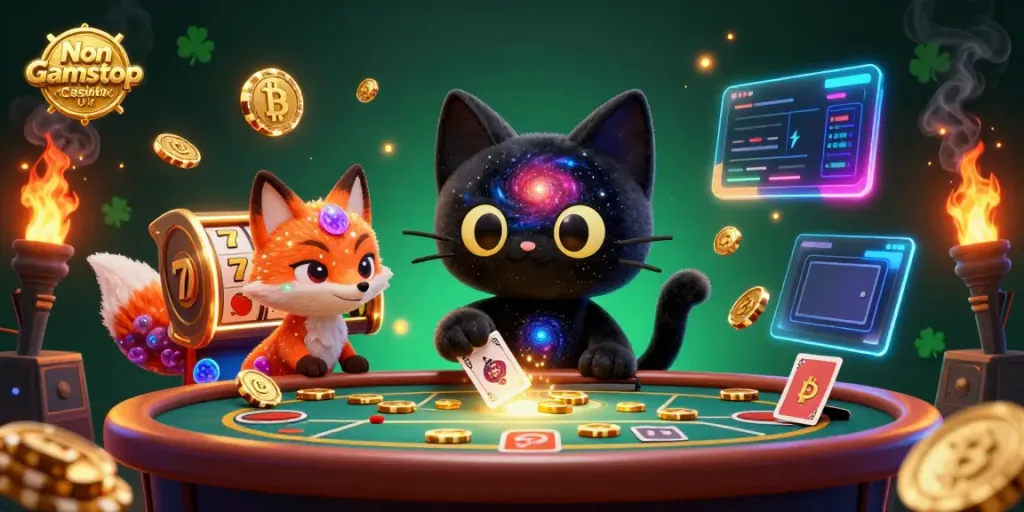 Experience the excitement of Non Gamstop Casino UK with a vibrant cosmic scene featuring a black hole cat and a nebula fox.