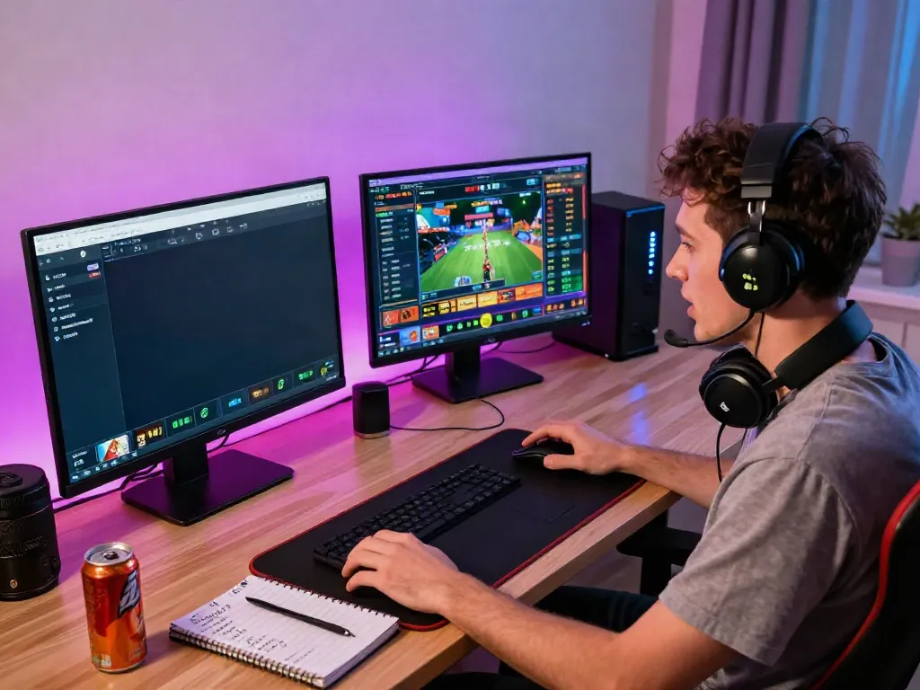 Player engaging with the 11bet platform at a modern gaming setup, showcasing a vibrant online betting atmosphere.