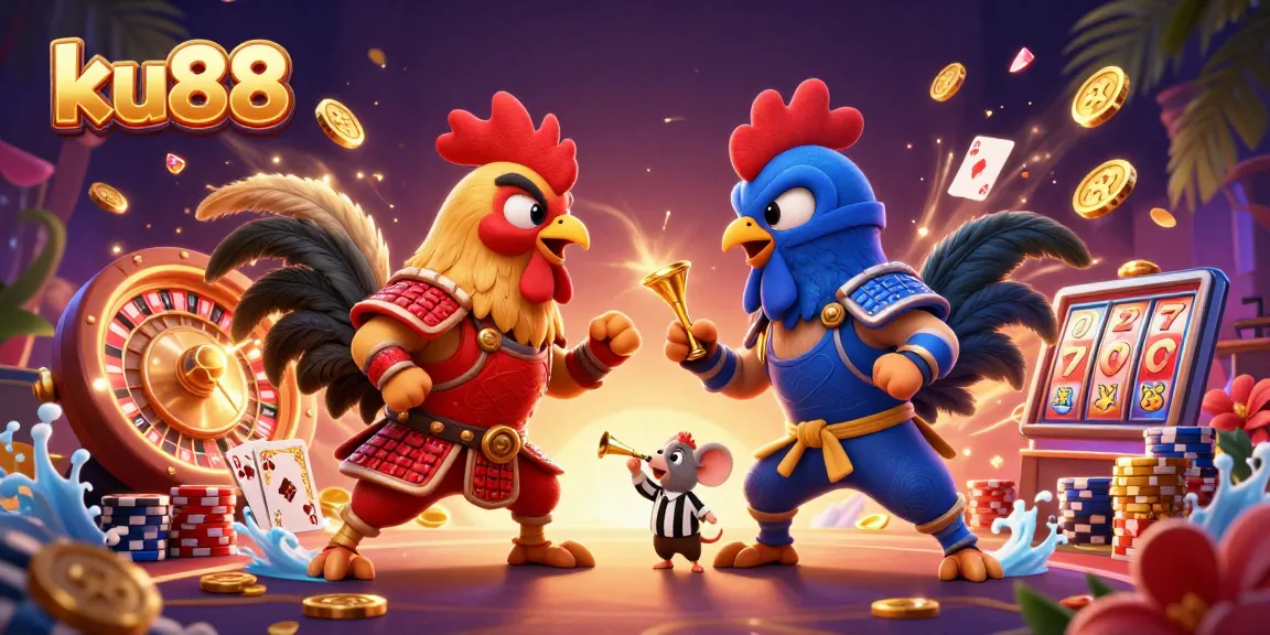 Witnessing an intense duel of roosters at ku88, set against a vibrant casino backdrop.