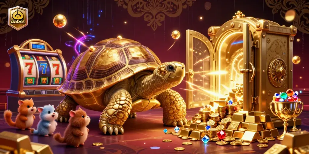 dabet engages players with thrilling slot adventures, featuring a golden tortoise pinball machine surrounded by riches.