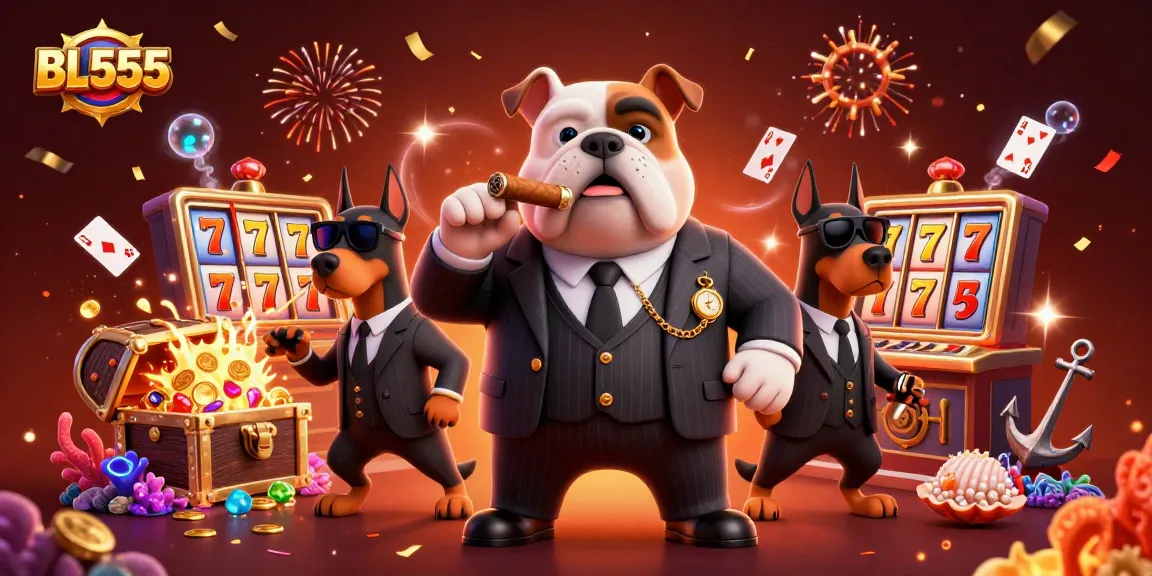 Experience thrilling gaming action at BL555 with an exciting illustration of a mafia boss and his bodyguards amidst slot machines and treasures.