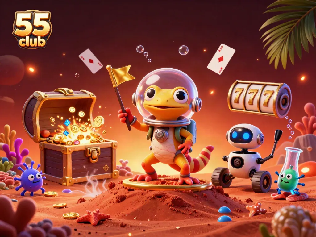 Engage in exciting games at 55 club, a vibrant online gaming casino experience featuring dynamic characters.
