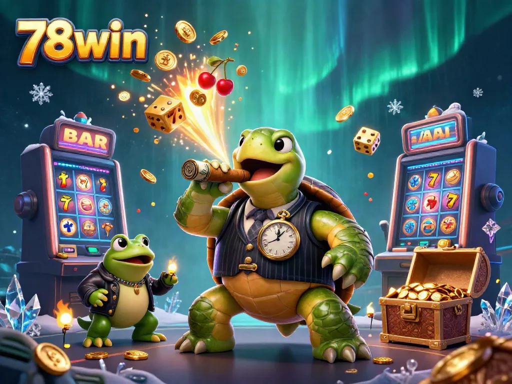 Immerse players in the vibrant world of 78win with a playful 3D turtle in a mobster suit amidst exciting casino elements.