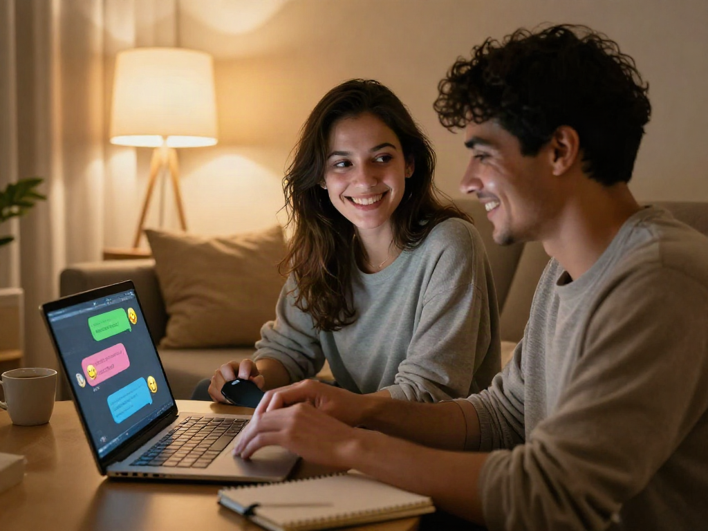 Engaging scene of a couple enjoying a sex chat ai interaction in a cozy living room