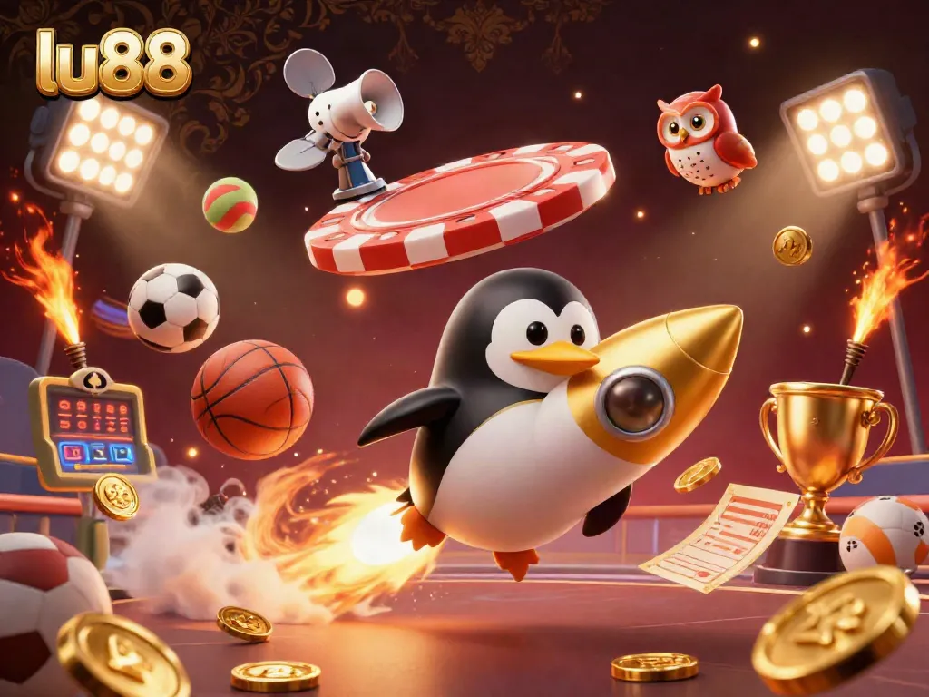 Engage with lu88's dynamic 3D casino scene featuring a golden penguin, casino elements, and vibrant sports balls.