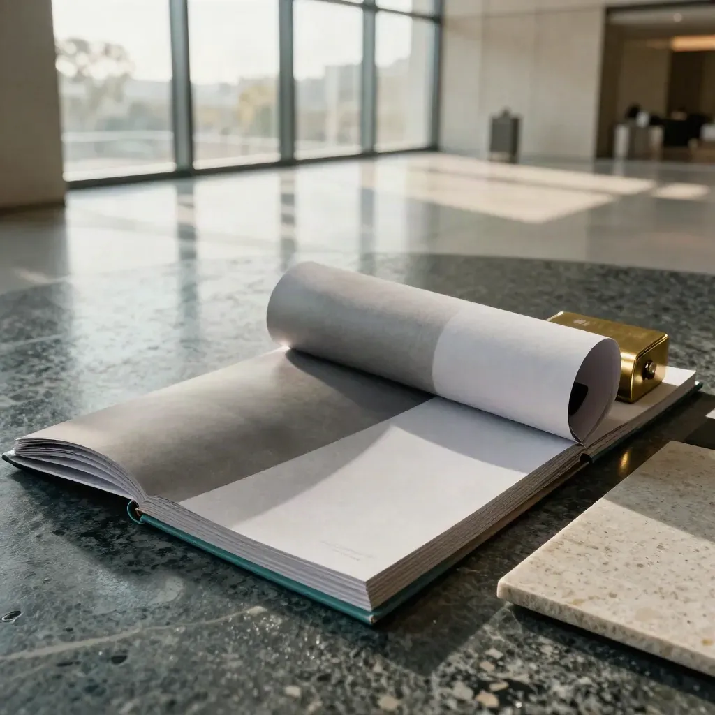 Cross-border growth plan folio, brass paperweight, route card and stone tile in dramatic atrium light