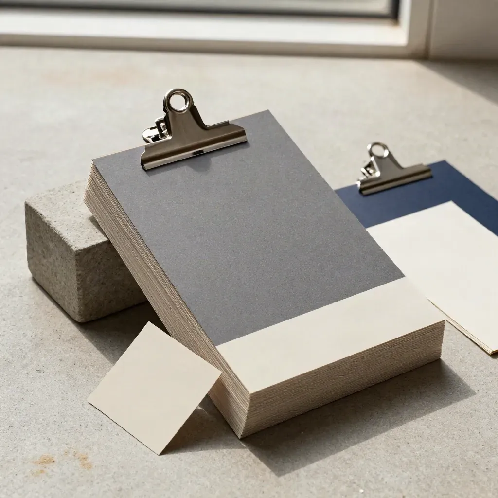 Overhead partner-matching dossier on stone with clipped cards, a sliding separator, and metal details.
