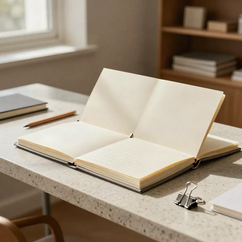 Open project folder with fanned cards, notebook, pencil stub and silver rings on travertine.