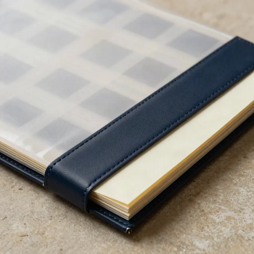 Macro view of a customs prep folio with sleeves, pouch, dark band and inserts on pale stone.