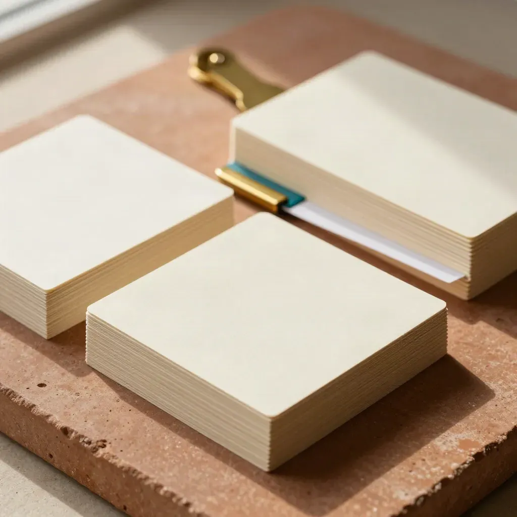 Three cue-card stacks with brass clip on terracotta slab, in a tight tilted flat lay.