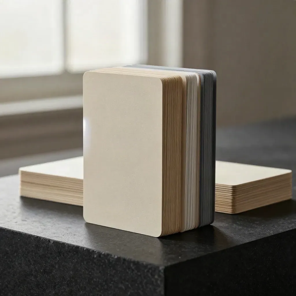 Upright board update deck with frosted divider on a matte-black plinth, lit dramatically.