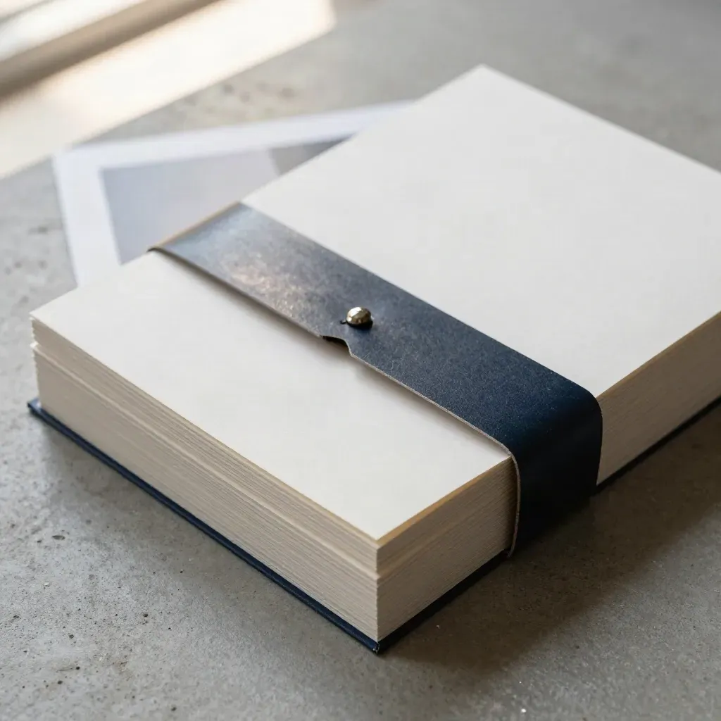 Overhead macro of a taut navy-banded report bundle with staggered inserts on cool concrete.