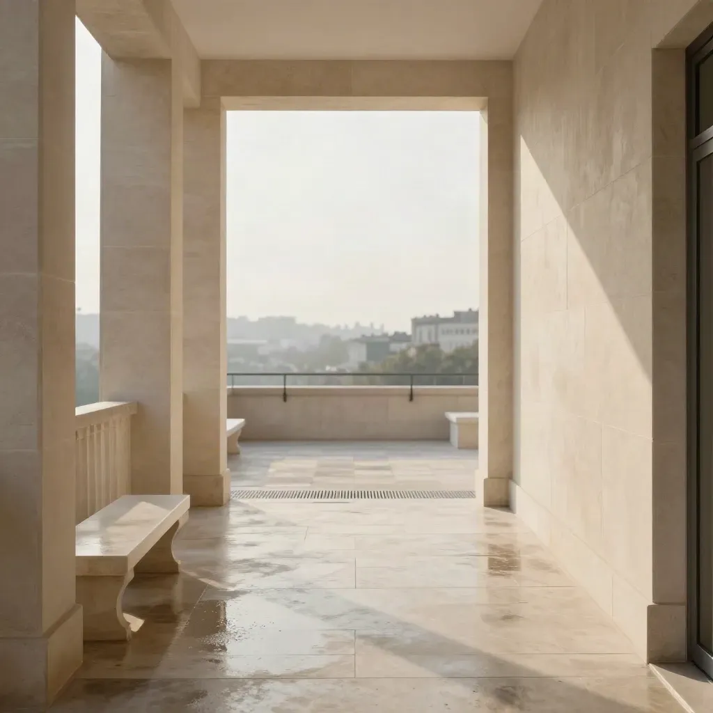Sunlit limestone corridor to a quiet terrace, pale paving and blurred city edge, calm lower space