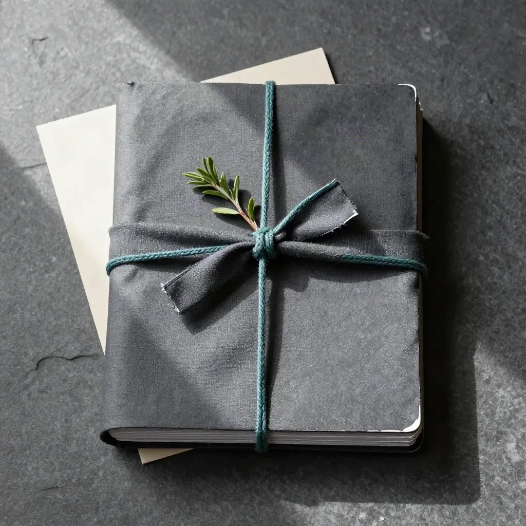 Overhead flatlay of a planner stack with cloth wrap, sprig, and stone surface.