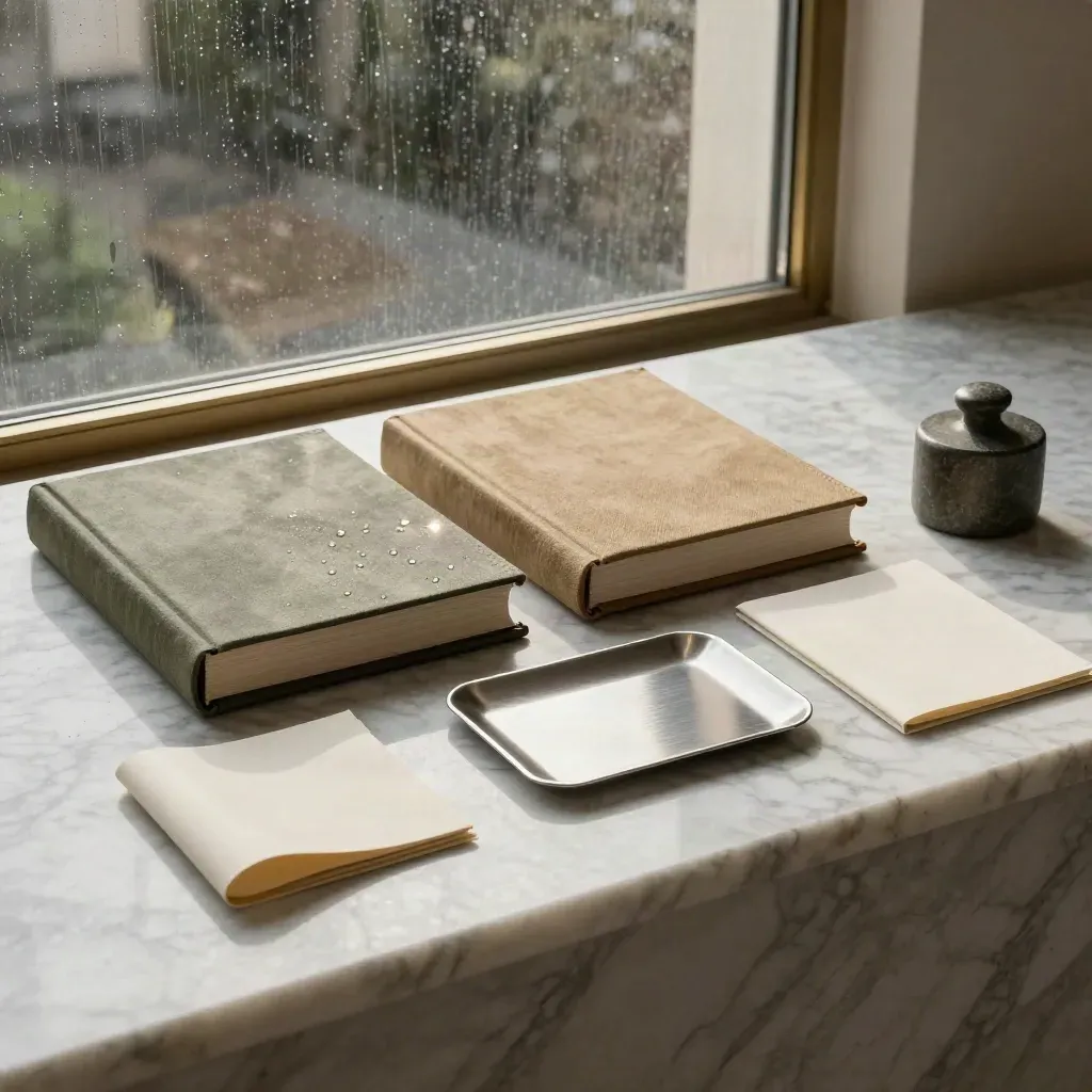 Marble surface with compliance binders, brushed-silver tray, brass edge and rain-streaked glass.