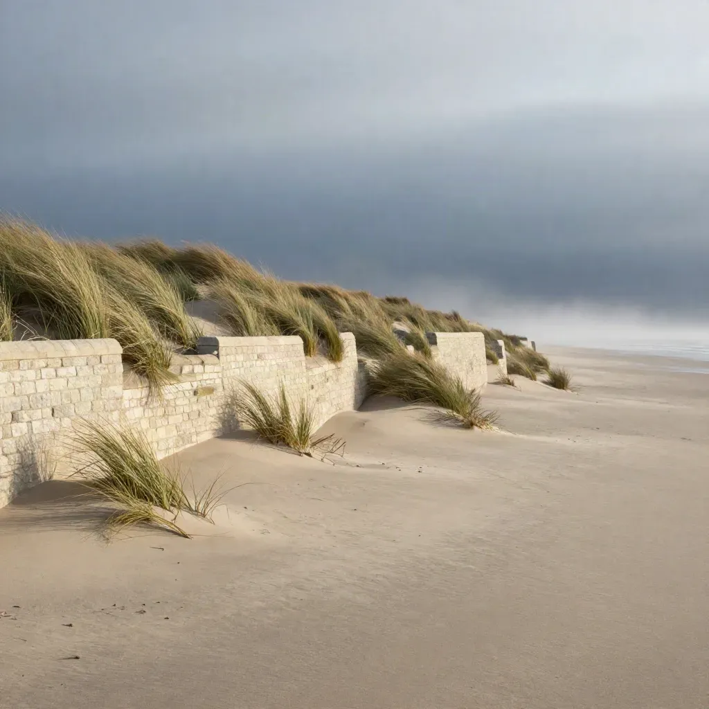 Coastal sand, low plaster wall and wind-ruffled grasses under dawn mist.