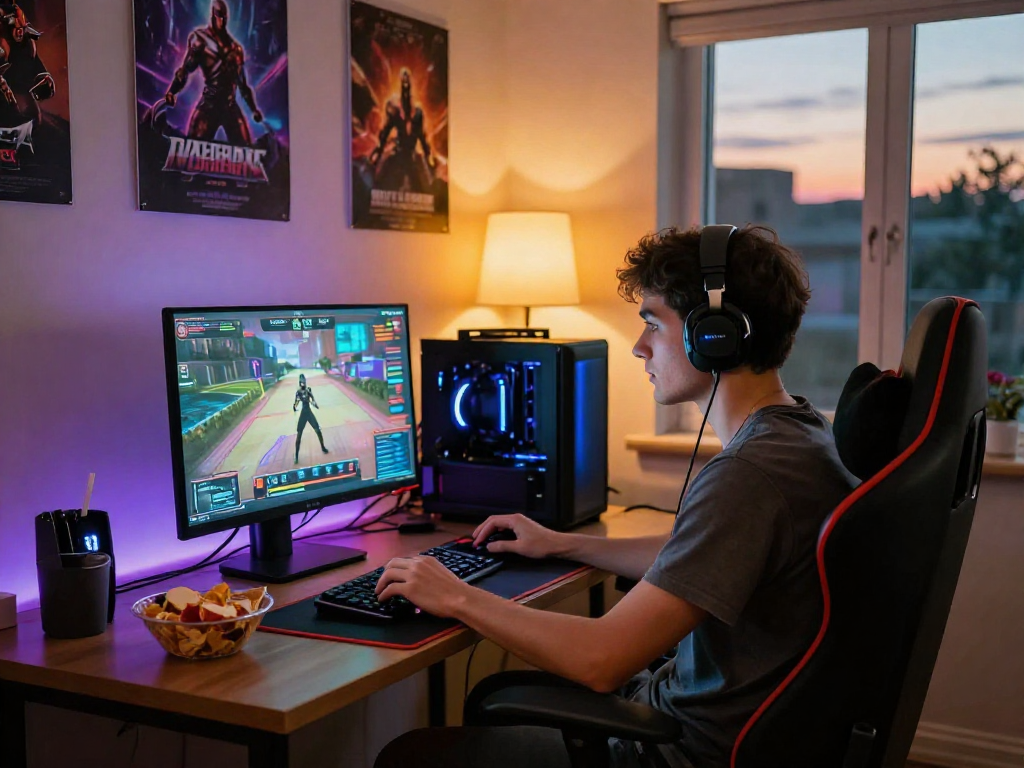 Engaged gamer playing interactive online porn games in a vibrant gaming setup.