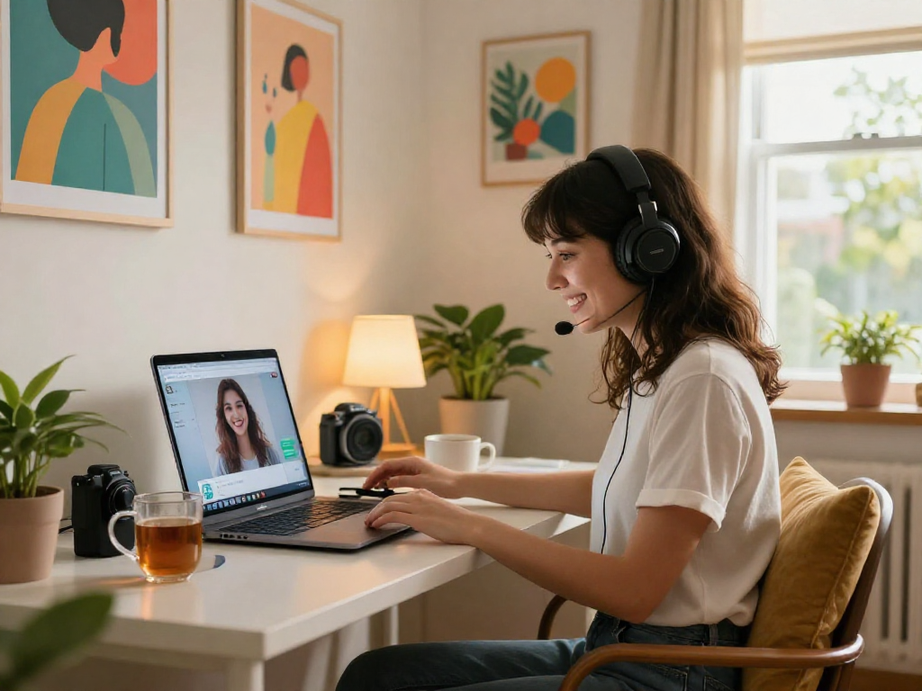 Young woman interacting with her AI girlfriend on a laptop in a cozy home office, showcasing modern virtual relationships.