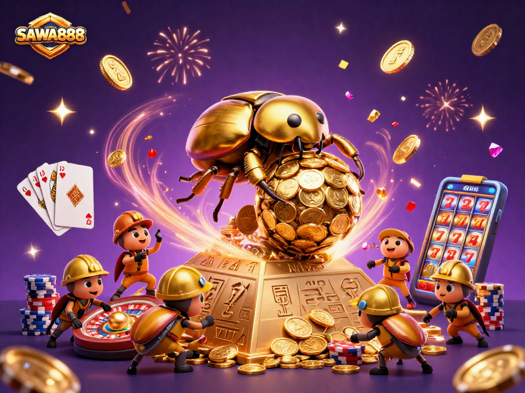 Experience thrilling moments at SAWA888 with the golden dung beetle and vibrant casino elements.