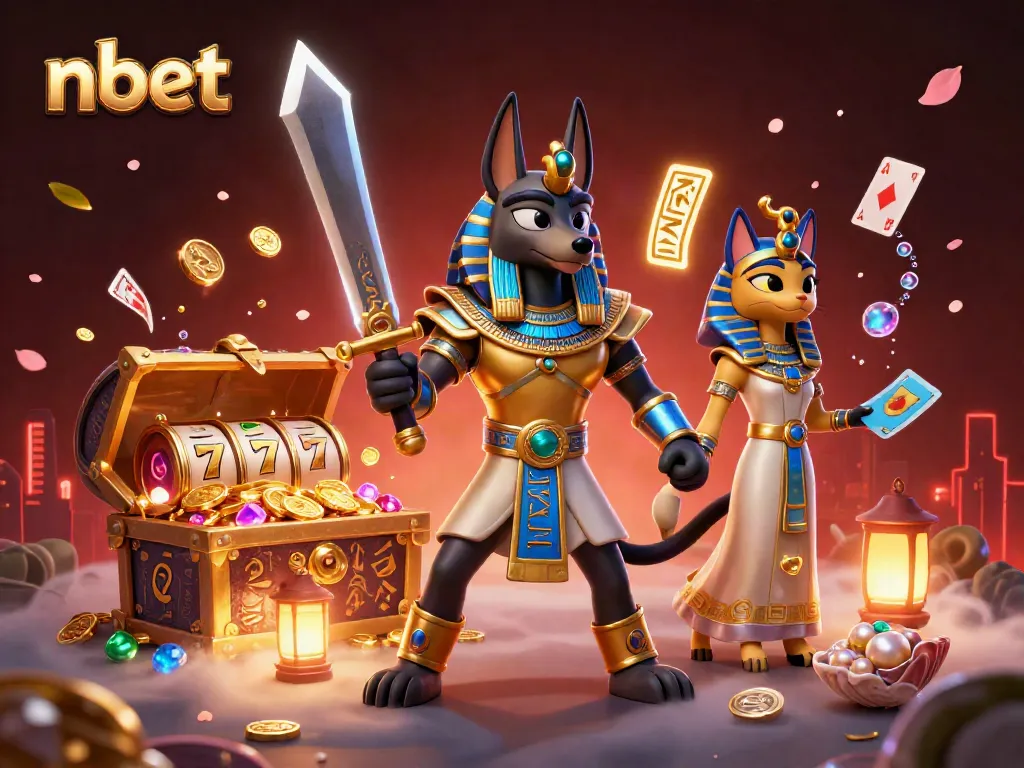Engage with nbet's casino adventure featuring Anubis and Bastet amid slot reels and treasures.