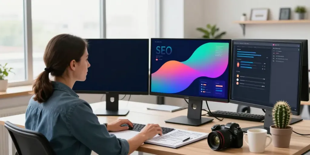 SEO specialist using instant indexing tools to analyze website performance in a modern workspace.