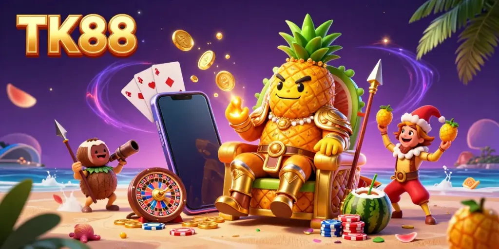 Engage with TK88's vibrant casino scene featuring a golden pineapple king and dynamic game elements.