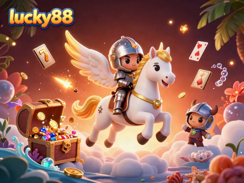 Experience the excitement of lucky88 with vibrant visuals of a celestial horse, treasure chests, and floating slot reels.