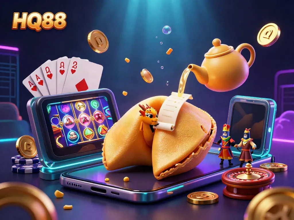 Engage with the vibrant luck of HQ88 casino featuring a golden fortune cookie and game elements.