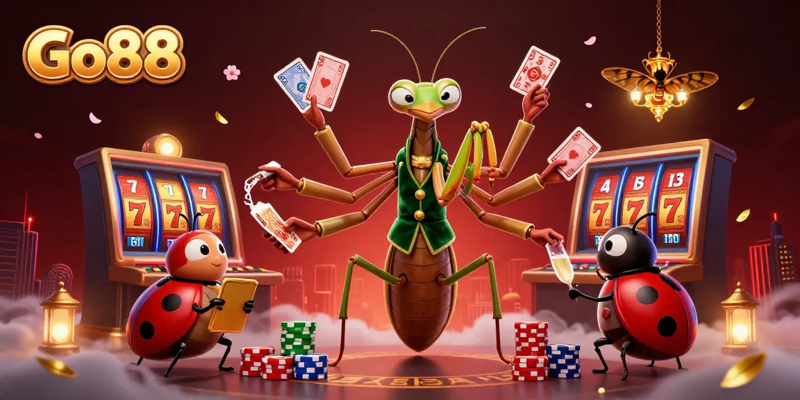 Go88 casino giant mantis and ladybug, celebrating winnings with cards and slot reels.