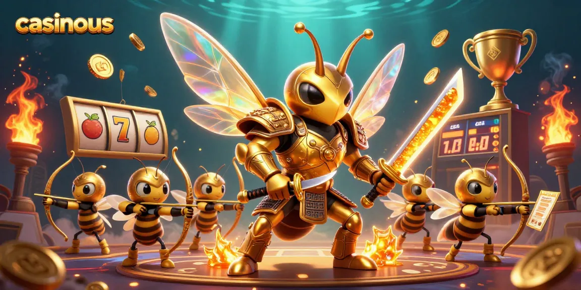 Experience thrilling action at casinous with a golden hornet samurai and vibrant slot elements.