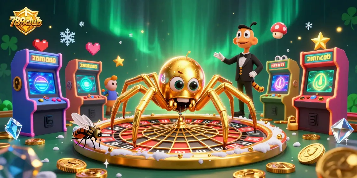 Bet big at 789club, featuring a dynamic scene of a golden spider and centipede croupier spinning luck in a casino