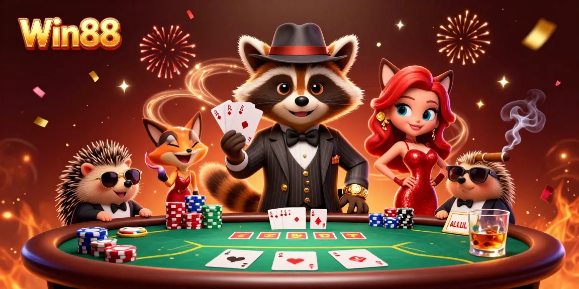 Join the excitement at Win88 with a charming raccoon and friends at an elegant poker table.