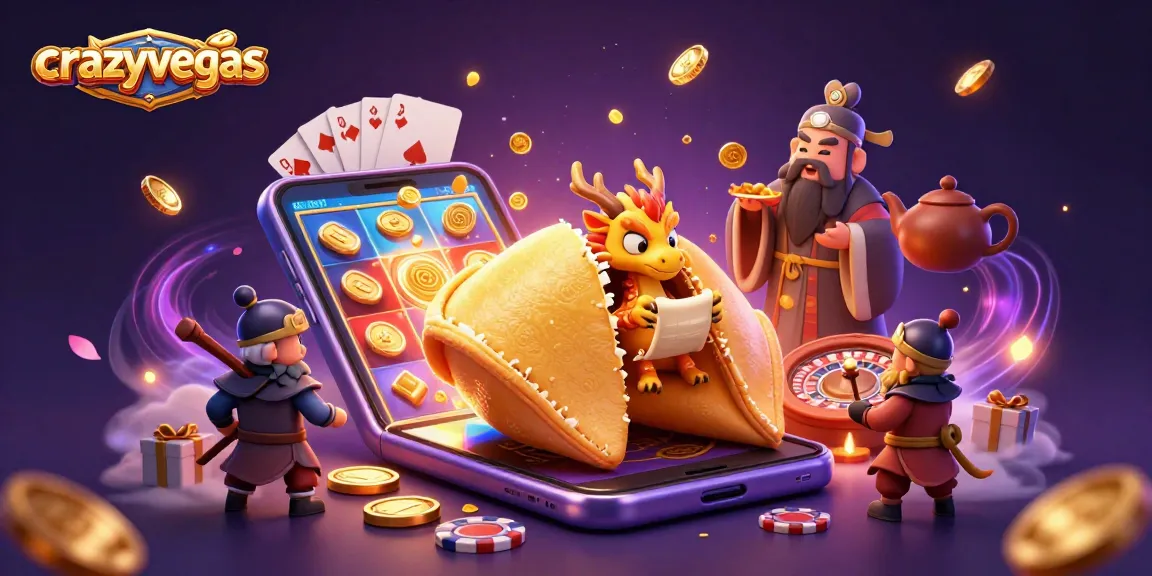 Experience the excitement of crazyvegas with a golden fortune cookie and dragon, surrounded by vibrant casino elements.