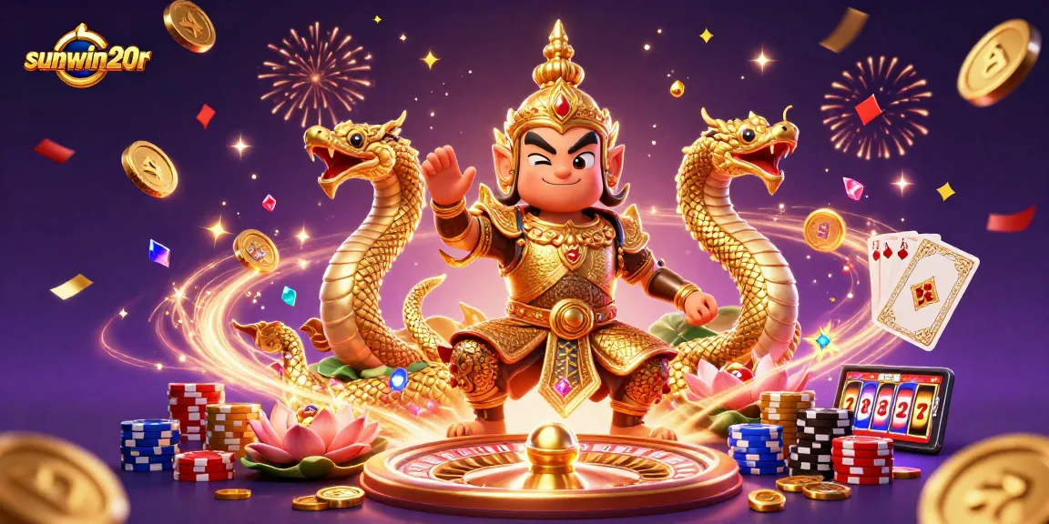 Engage with sunwin20r's vibrant casino atmosphere featuring golden guardian characters, roulette, and flying coins.