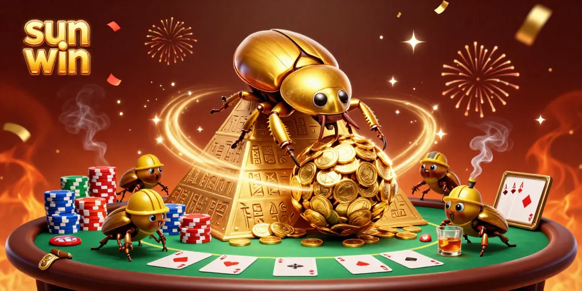 Engage with exciting gameplay at sun win as a golden dung beetle rolls coins, surrounded by poker elements.
