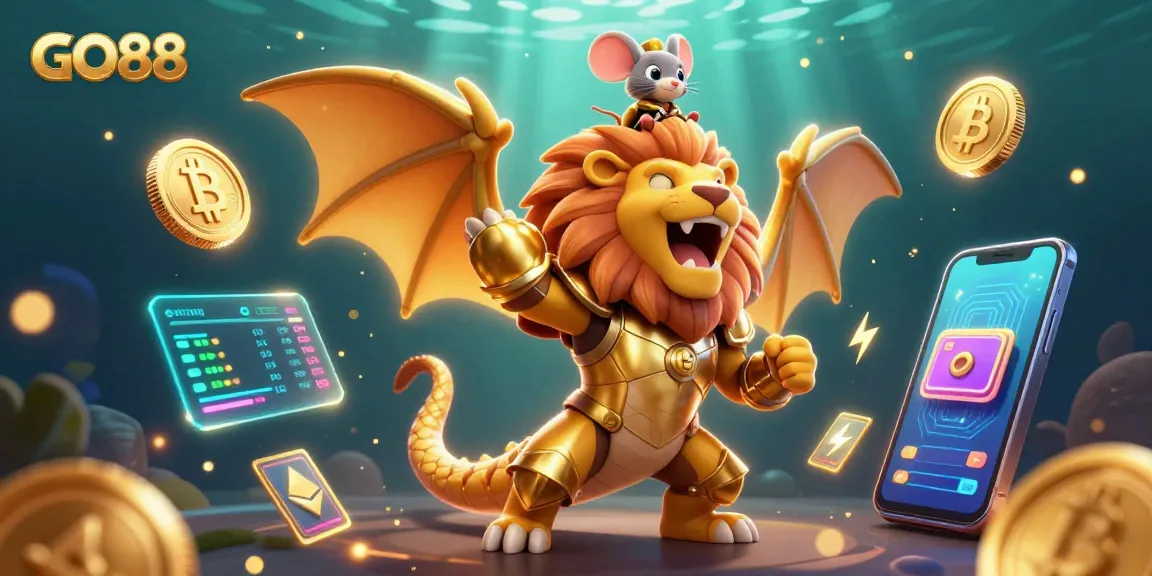 Experience thrilling gaming at GO88 with vibrant characters and dynamic cryptocurrency elements in a dazzling scene.