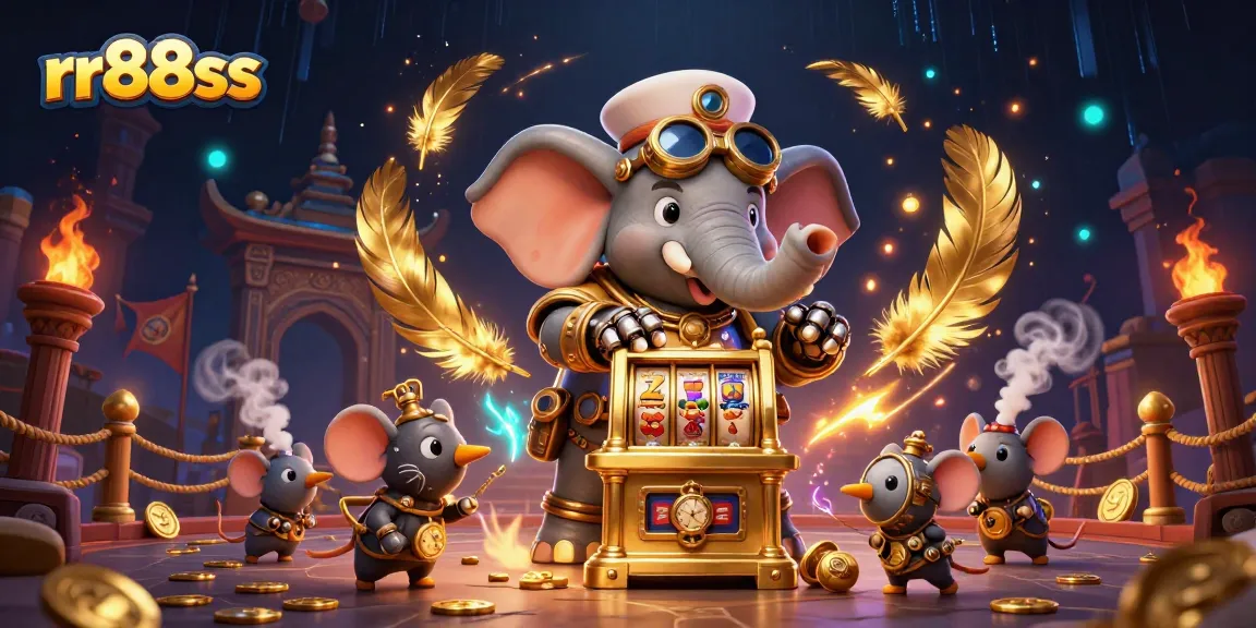 Spin the golden slot machine with rr88ss's steampunk elephant engineer in a vibrant casino scene filled with treasures.